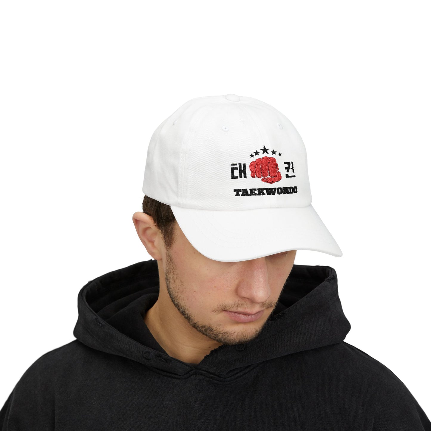 Taekwondo Classic Dad Cap - Adjustable White Hat with Fist Design