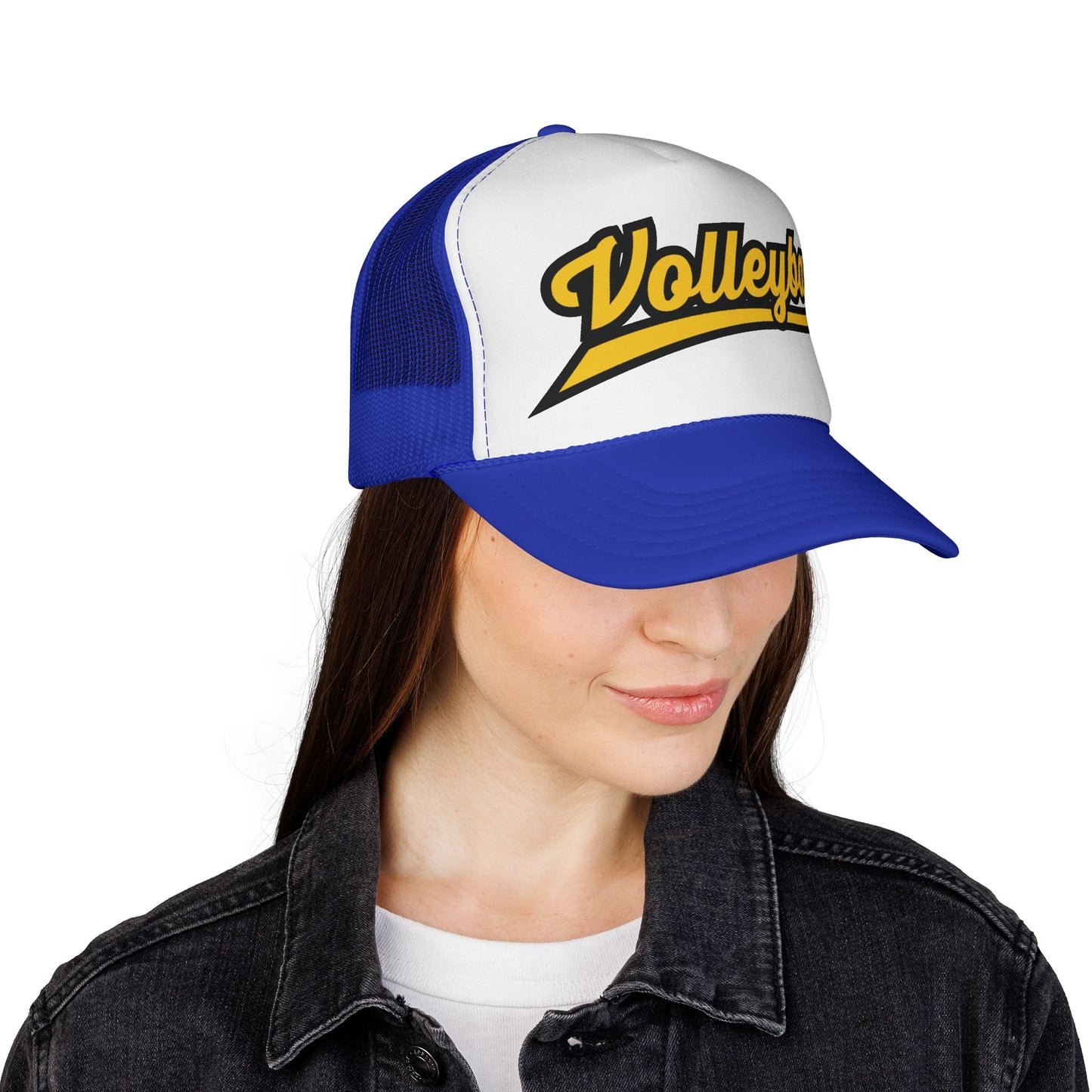 Czapka typu trucker z napisem Volleyball Script — sportowa czapka z siateczki w stylu retro dla graczy i kibiców