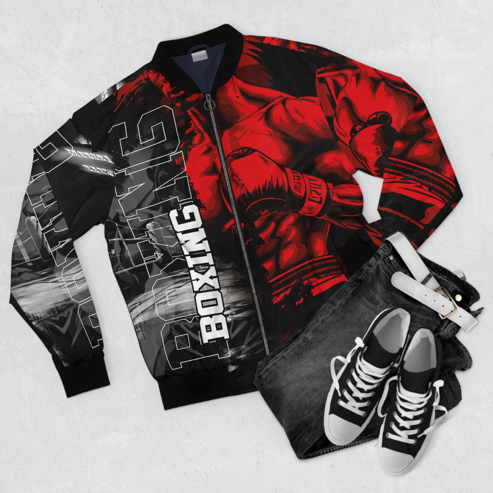 Męska kurtka typu bomber z grafiką bokserską – sportowy styl dla entuzjastów boksu