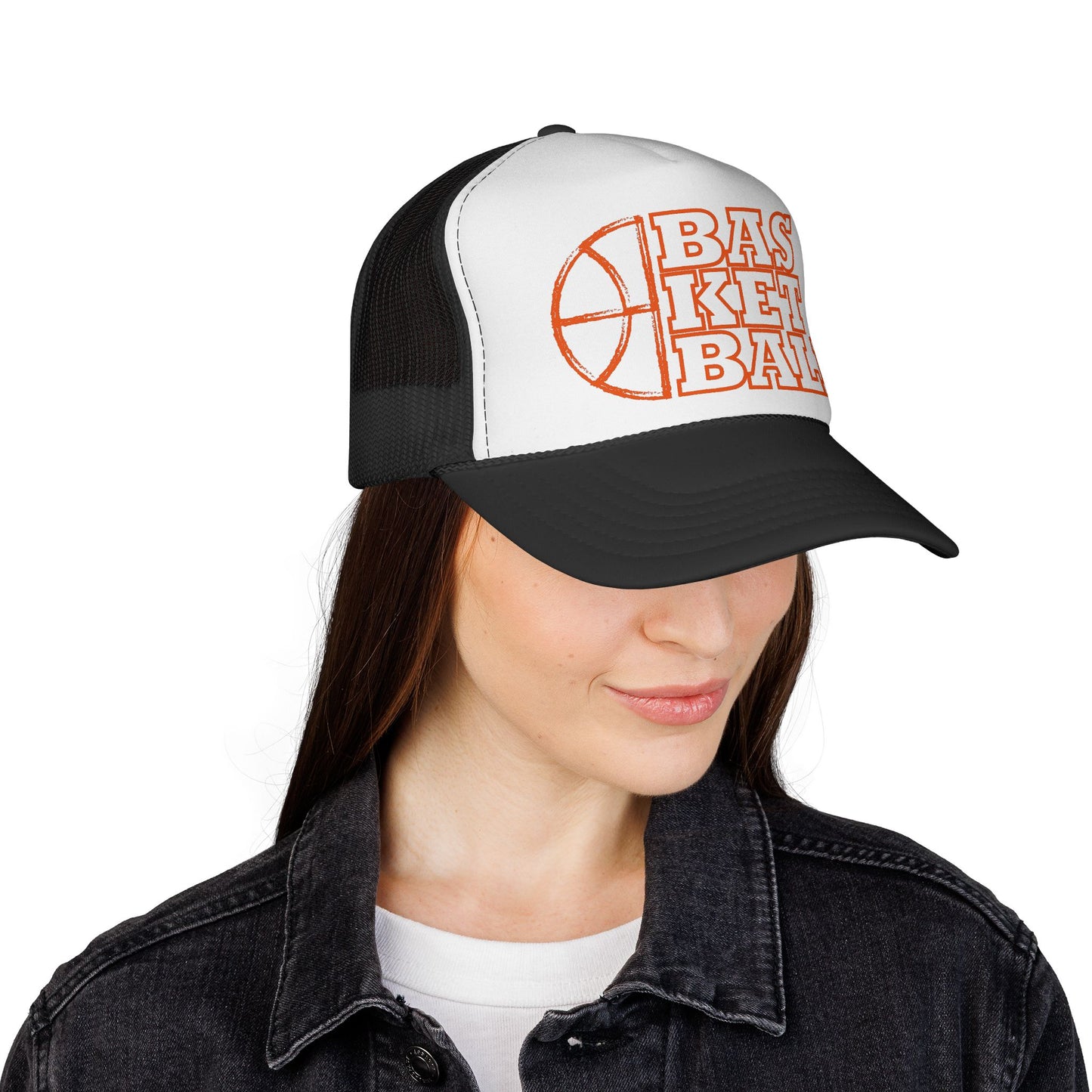 Basketball Trucker Hat — Retro Orange Hoop Design