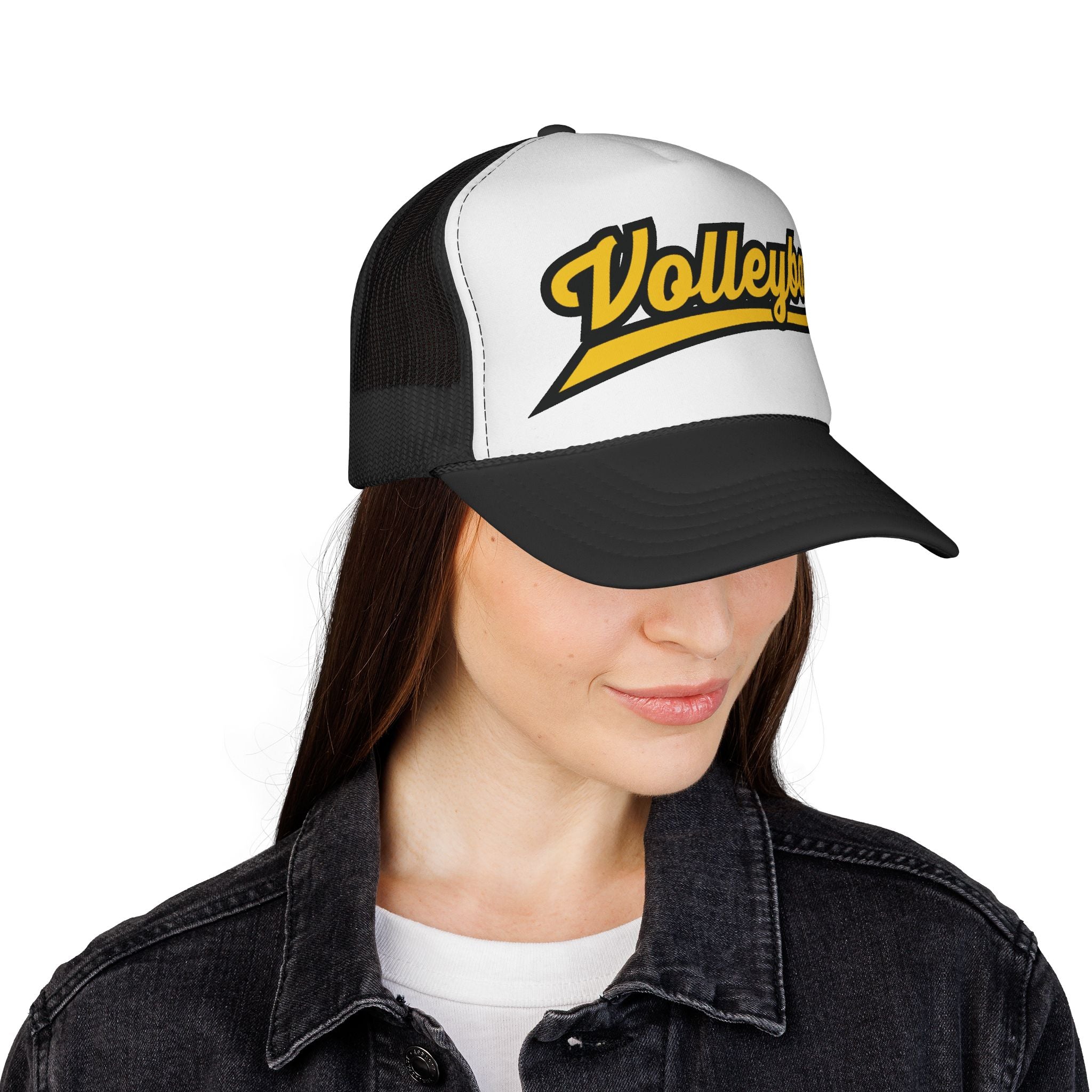 Czapka typu trucker z napisem Volleyball Script — sportowa czapka z siateczki w stylu retro dla graczy i kibiców