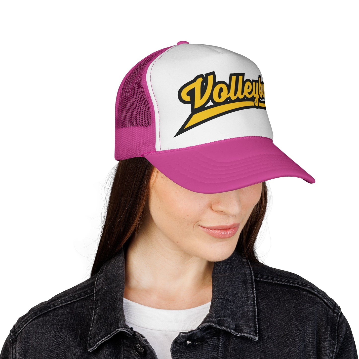 Czapka typu trucker z napisem Volleyball Script — sportowa czapka z siateczki w stylu retro dla graczy i kibiców